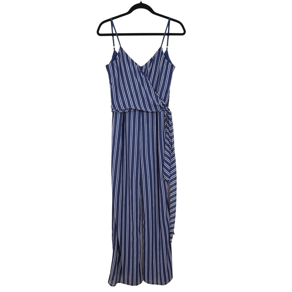 Michael Kors Navy White Stripe Wrap Maxi‎ Jumpsuit Wide Leg Side Slit Size S